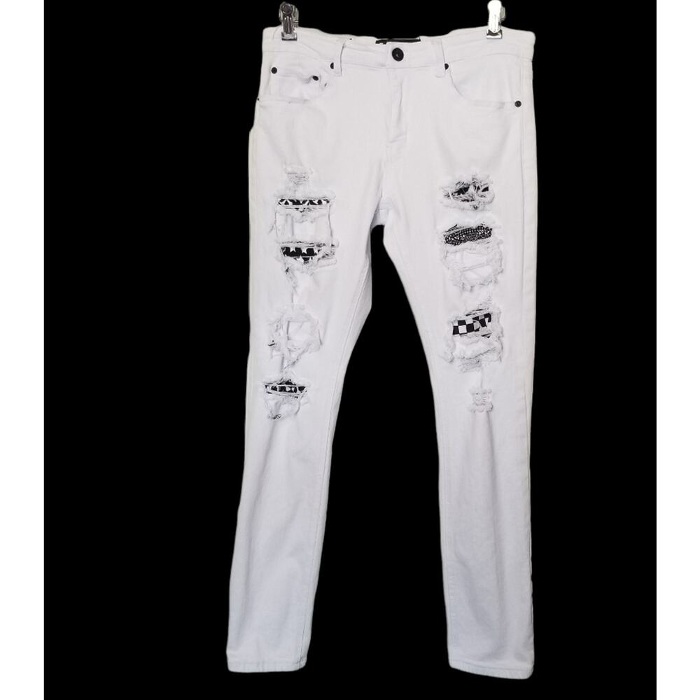 MLAB SZ 32 White Black Slim Fit Distressed Jeans Decorative Patching Y2K Emo